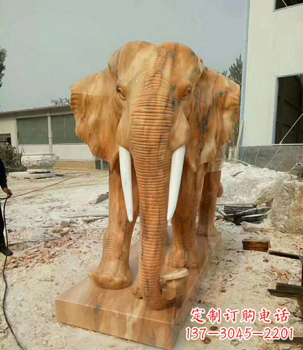 湖北鼻卷如意晚霞红招财大象石雕