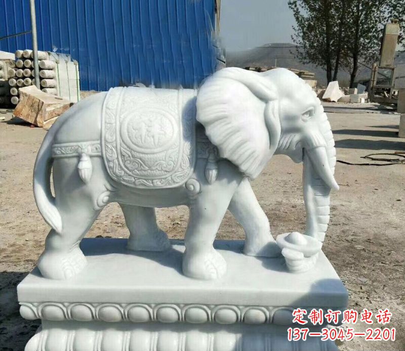 湖北鼻卷元宝的大象汉白玉吉祥如意石雕