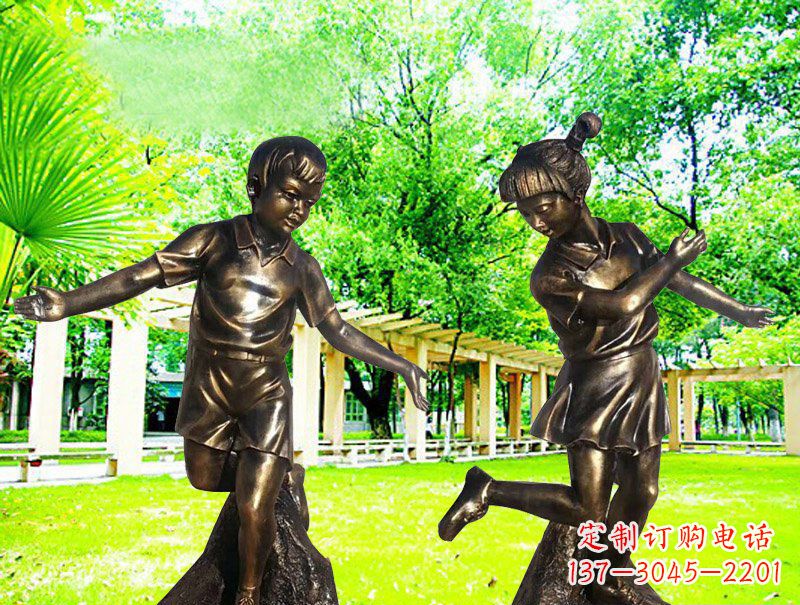 湖北编花篮人物公园校园儿童玻璃钢仿铜雕塑