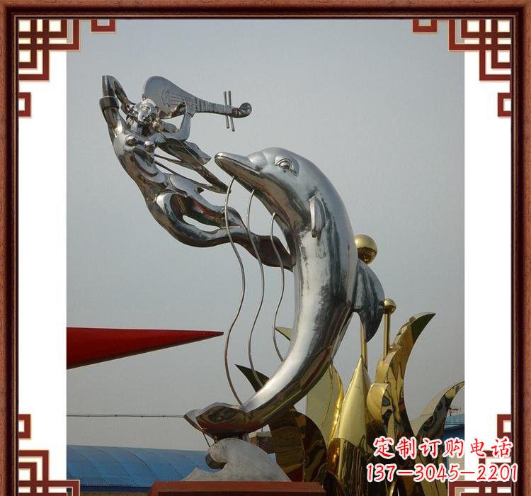 湖北不锈钢公园弹琵琶仙女和海豚雕塑
