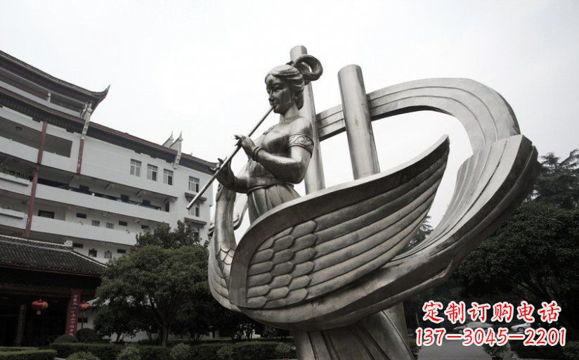 湖北古典美女不锈钢吹笛子雕塑