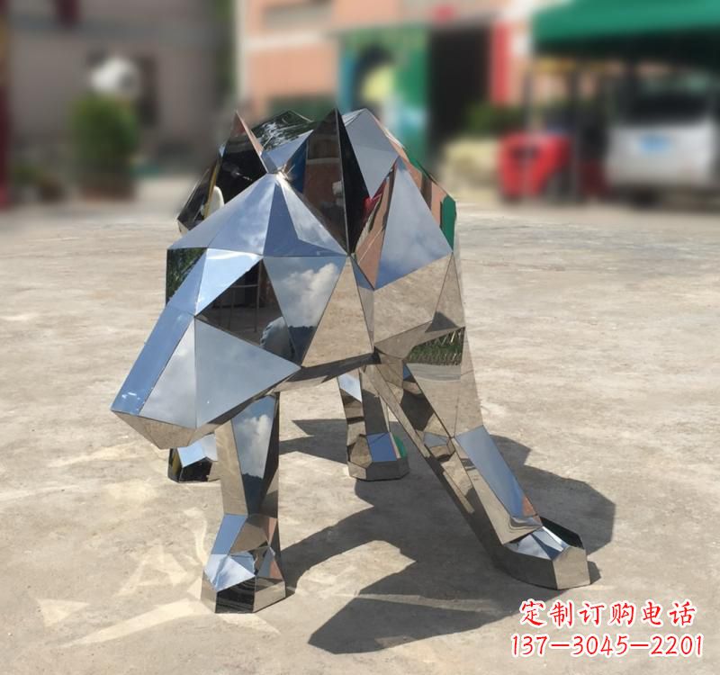 湖北不锈钢园林动物几何狼雕塑