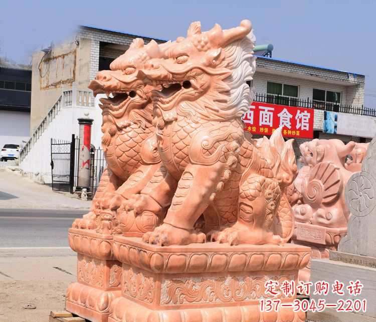 湖北踩球晚霞红麒麟门口镇宅石雕 (3)