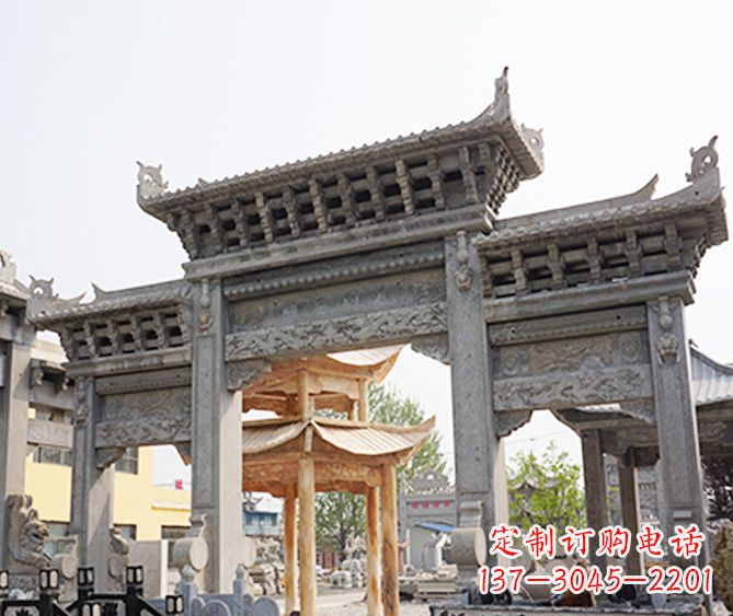 湖北村庄大理石三门牌坊石雕