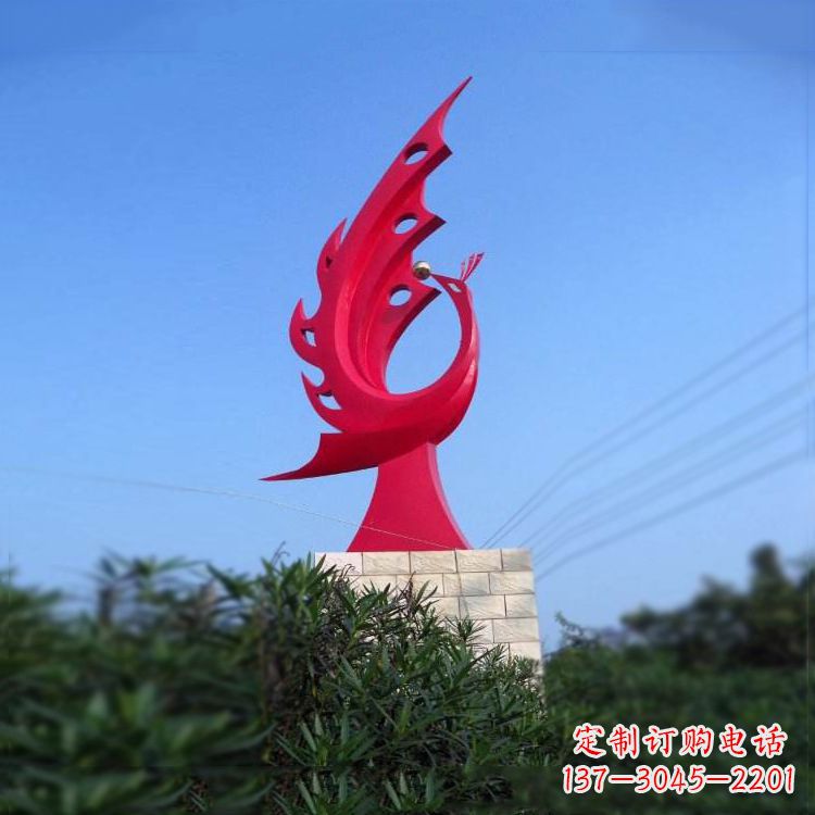 湖北大象红色凤凰不锈钢雕塑-城市动物标识景观雕塑