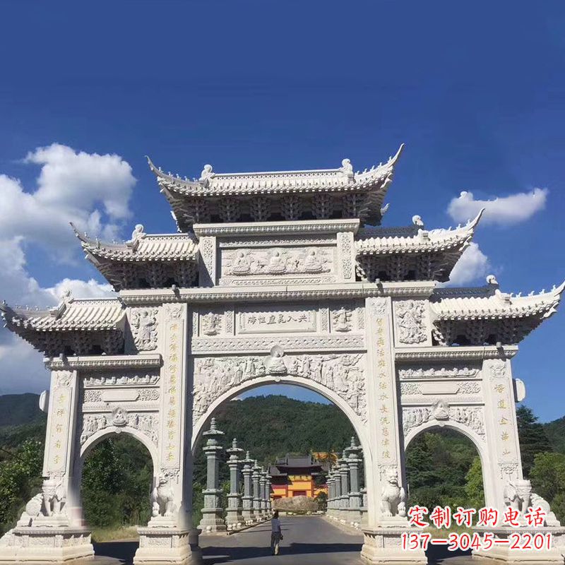 湖北大型汉白玉景区大门石雕牌楼