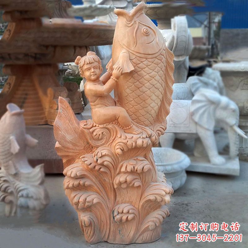 湖北大型喷水鲤鱼景观雕塑-晚霞红石雕动物喷泉