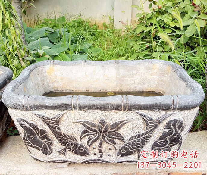 湖北方形荷花鲤鱼石浮雕水缸