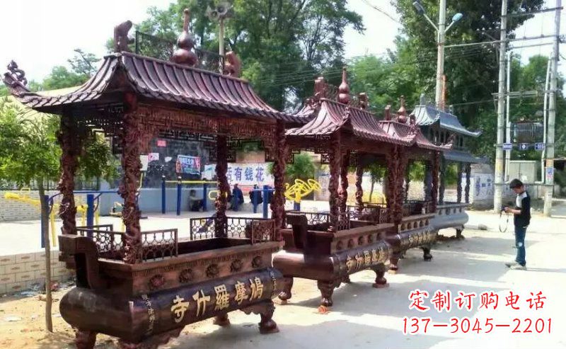 湖北方形寺庙香炉铜雕_2
