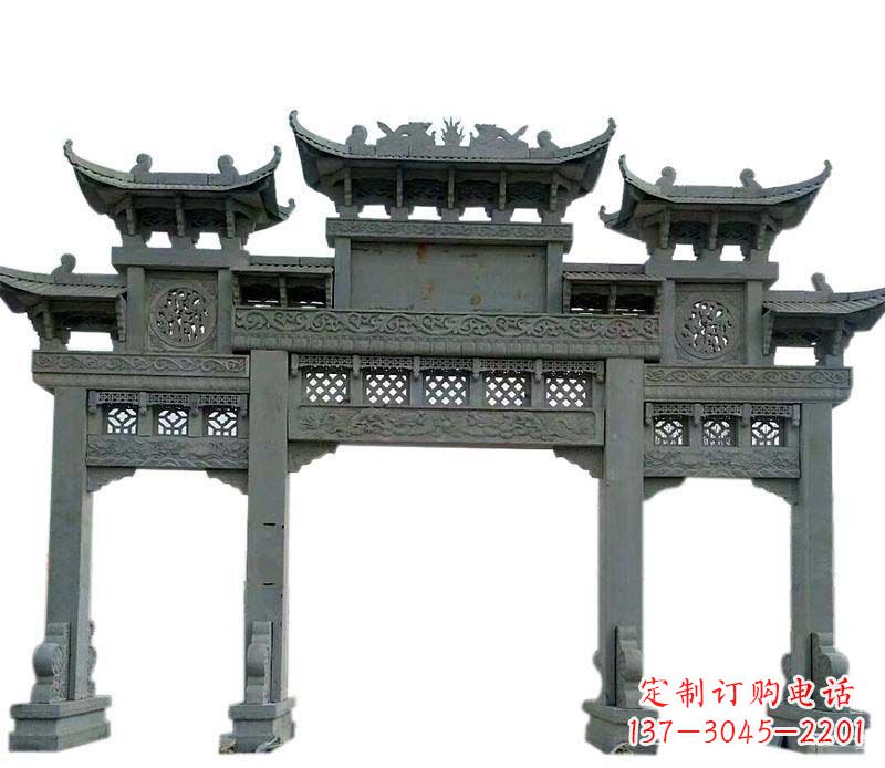 湖北仿古三门大理石牌坊石雕