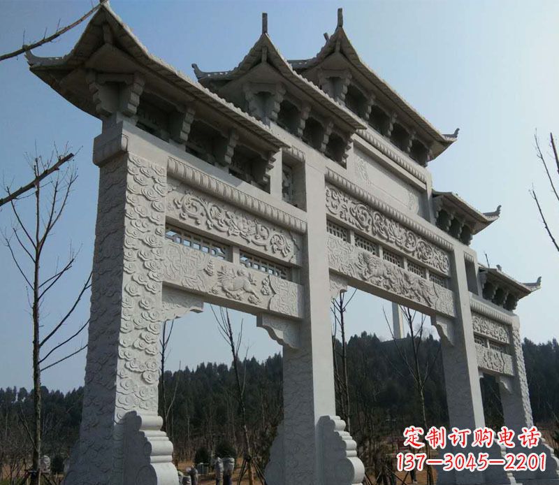 湖北仿古三门牌坊景观石雕