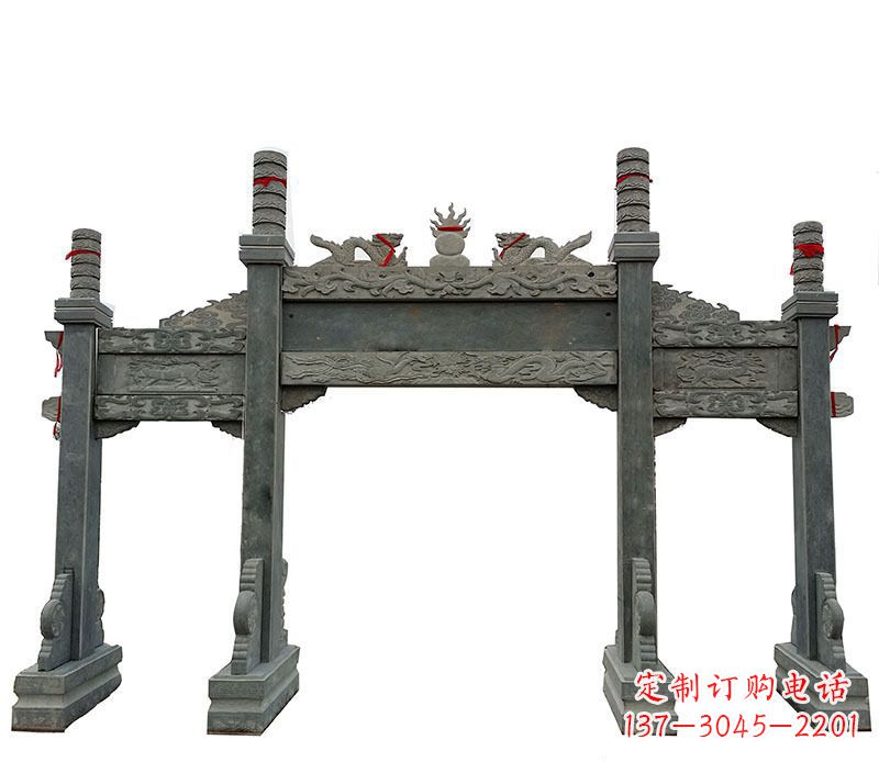 湖北仿古三门大理石牌坊石雕 (2)