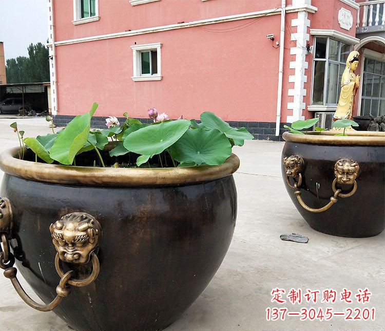 湖北仿古狮子头水缸铜雕塑 (2)