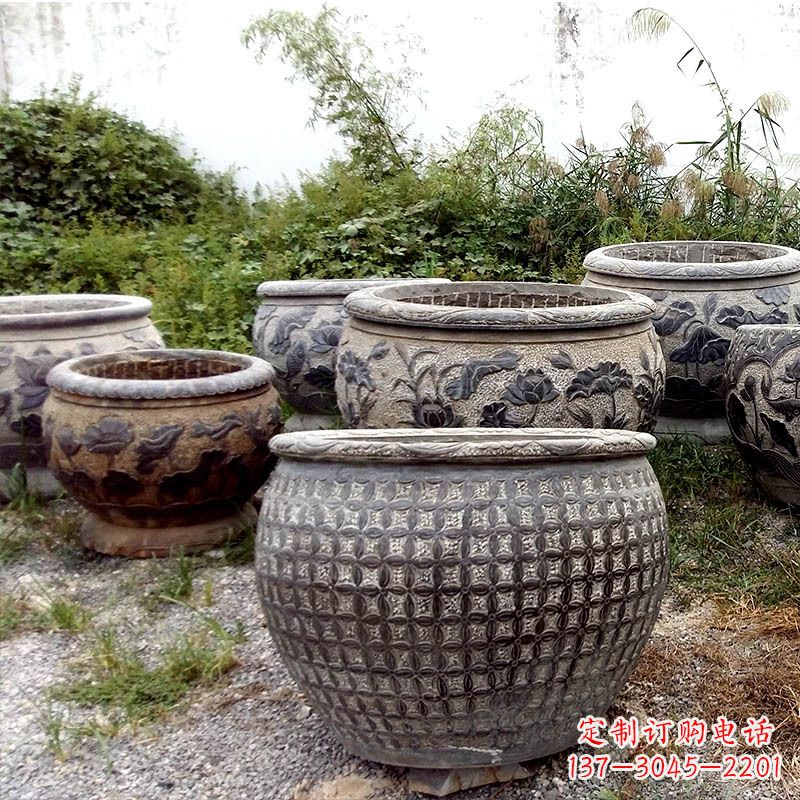 湖北仿古石雕花盆水缸——精美艺术家品