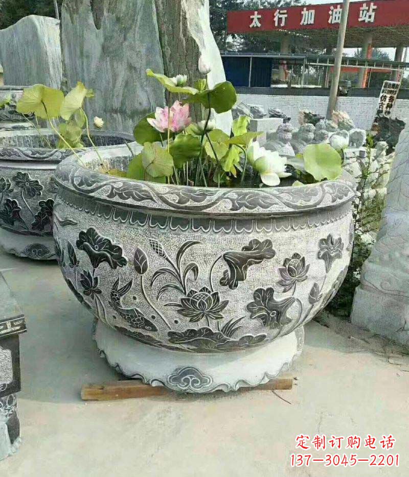 湖北仿古石雕荷花水缸