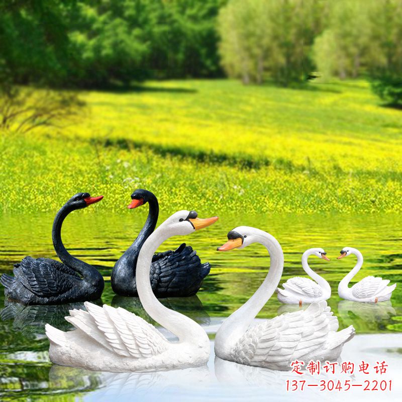 湖北仿真天鹅玻璃钢雕塑-黑白天鹅园林水景装饰动物摆件