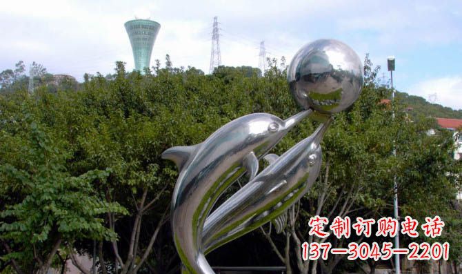 湖北高贵静谧的不锈钢海豚顶球雕塑