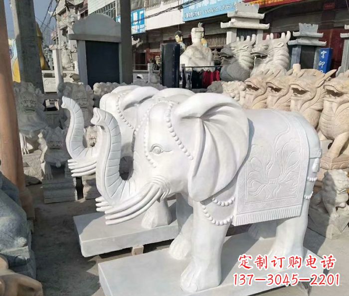 湖北汉白玉大象雕塑——招财聚宝