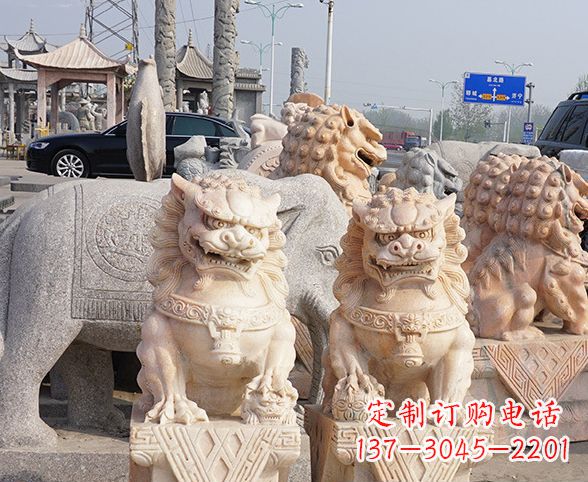 湖北公园动物晚霞红狮子石雕