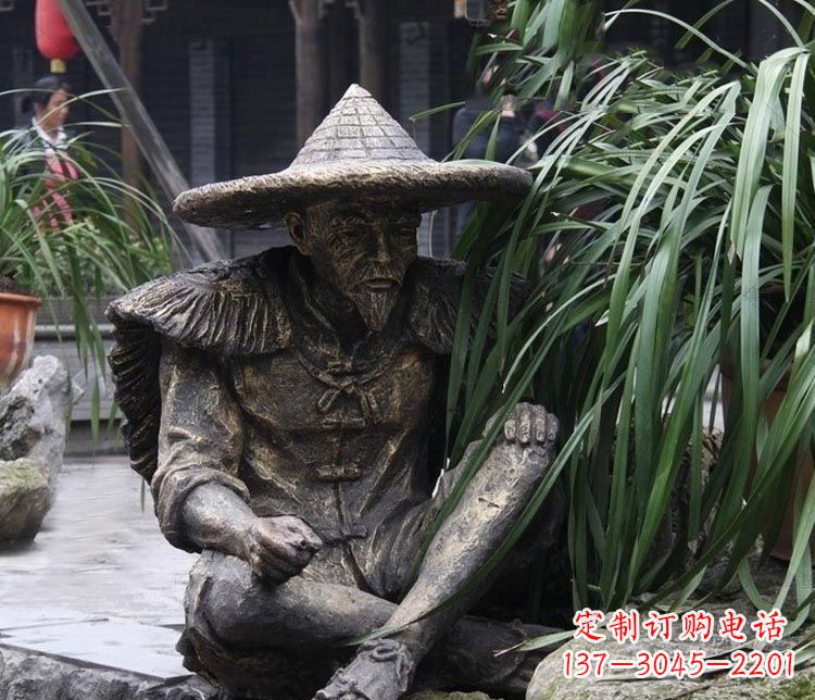 湖北公园古代老渔翁铜雕