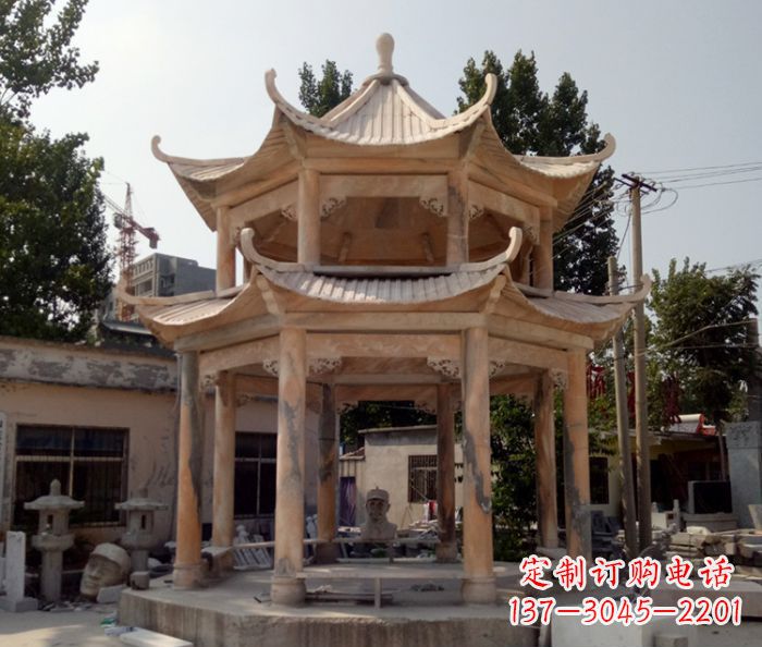湖北公园景观晚霞红双层石雕凉亭