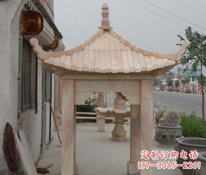 湖北精美红六角石凉亭雕塑