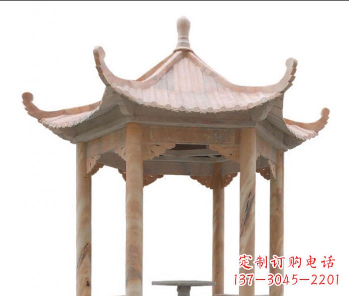 湖北美丽而优雅的公园晚霞红六角石凉亭雕塑