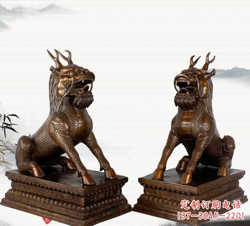 湖北古代神兽麒麟铜雕