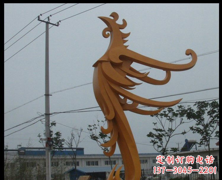 湖北新中式风格不锈钢金色凤凰雕塑