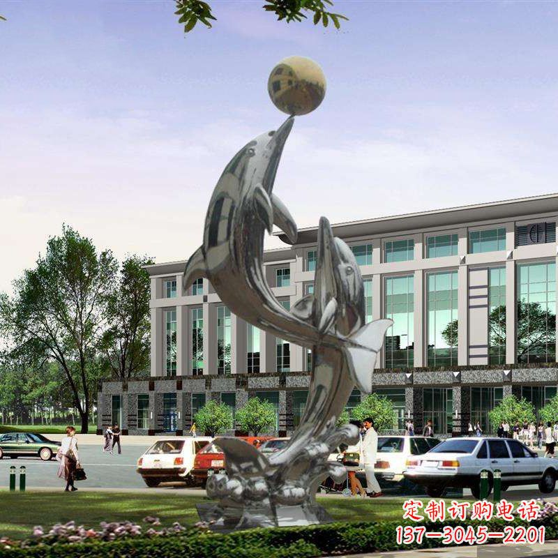 湖北不锈钢海豚戏球雕塑,营造清新海岸风情
