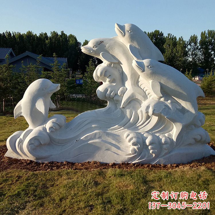 湖北汉白玉海豚石雕-公园园林动物景观摆件