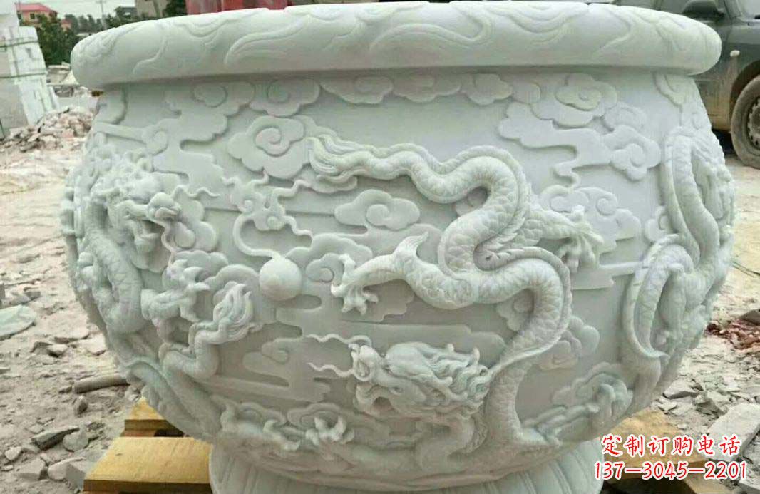 湖北汉白玉龙浮雕水缸雕塑