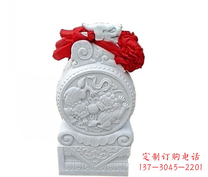 湖北汉白玉貔貅抱鼓石招财石门墩