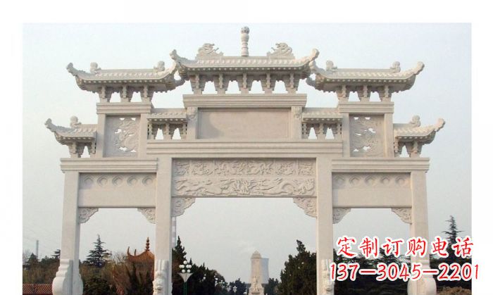 湖北汉白玉三门牌坊石雕艺术品