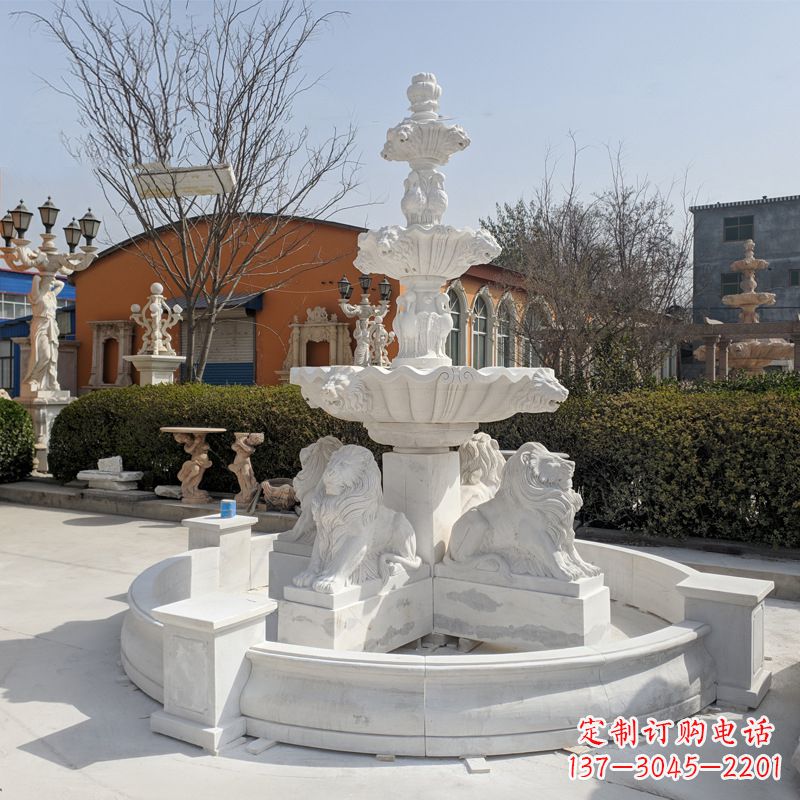 湖北定制白玉狮子喷泉雕塑