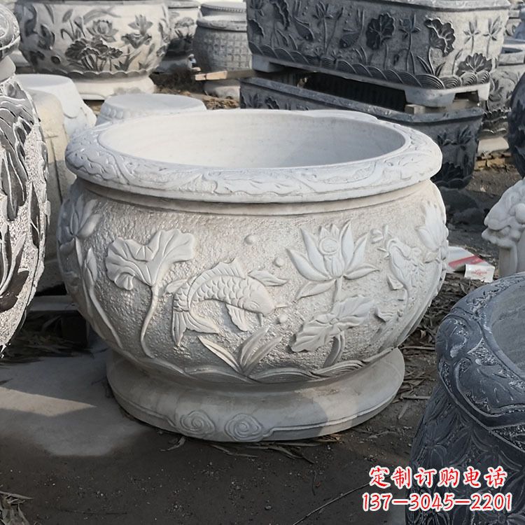 湖北汉白玉石雕鱼缸