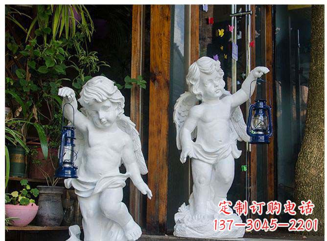 湖北汉白玉提灯小天使公园西方人物路灯石雕