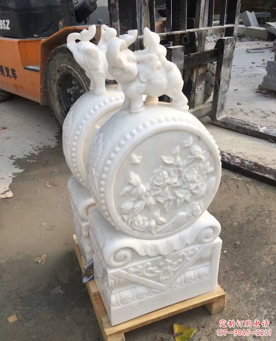 湖北汉白玉招财小象石门墩