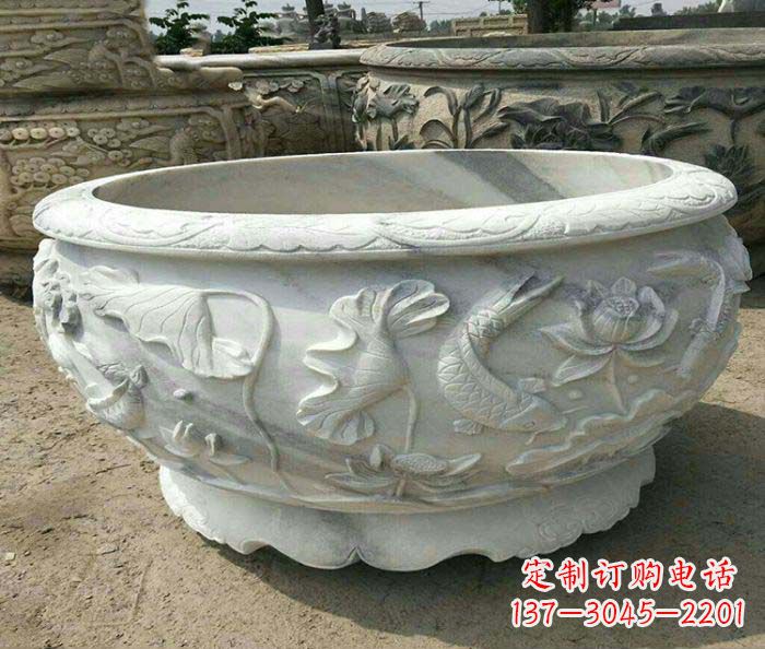 湖北荷花鲤鱼石雕招财水缸