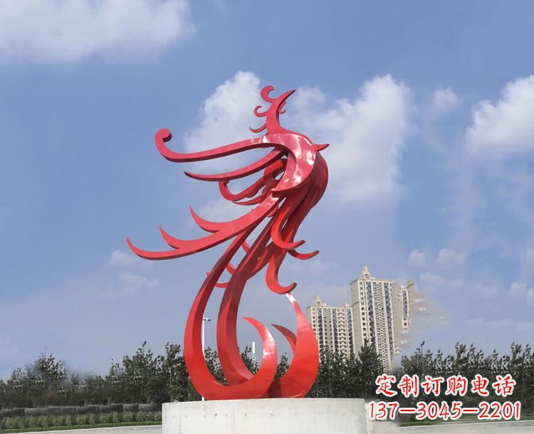 湖北红色不锈钢抽象凤凰户外园林广场景观动物雕塑