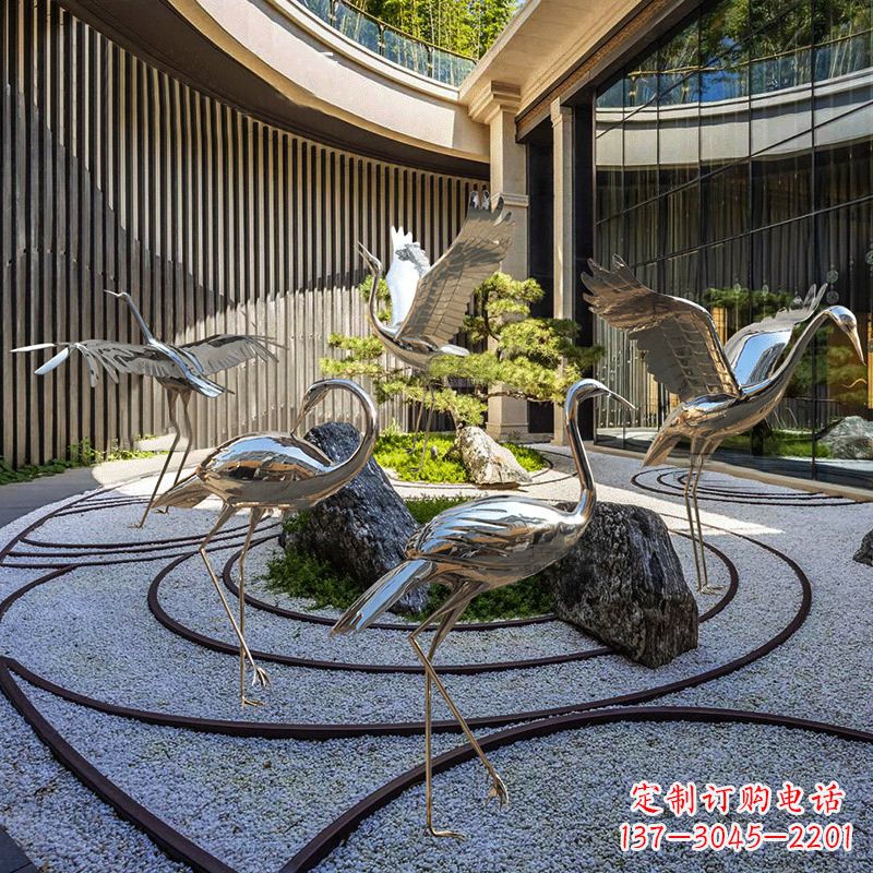 湖北镜面不锈钢仙鹤雕塑，别墅庭院室内动物装饰摆件