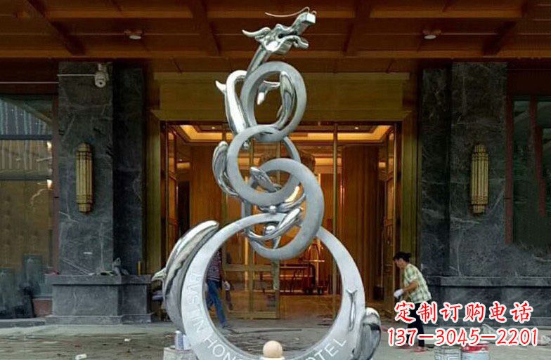 湖北酒店不锈钢抽象鱼跃龙门雕塑