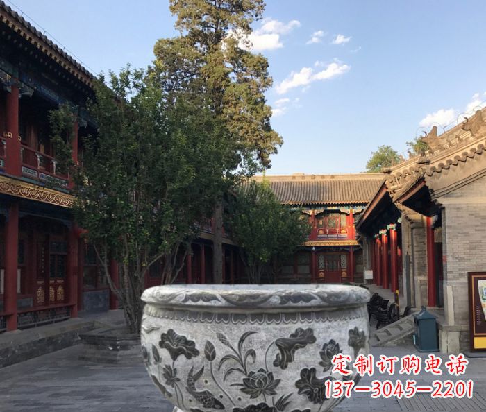 湖北连年有鱼石浮雕圆形荷花水缸