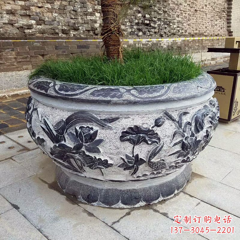 湖北青石仿古风格的花盆雕塑