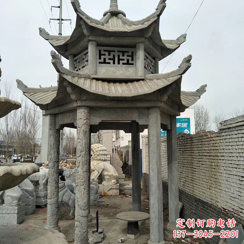 湖北双层大理石凉亭雕塑
