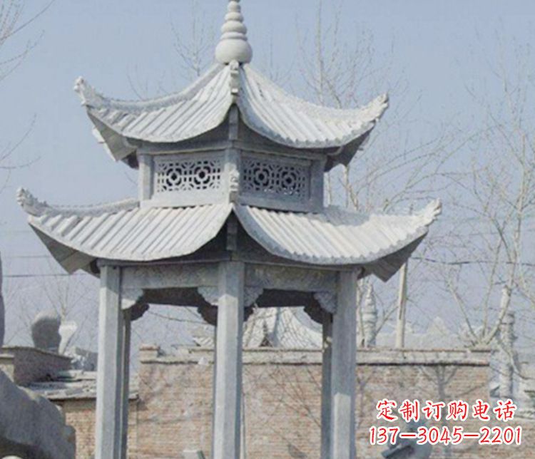 湖北双层仿古六角凉亭石雕