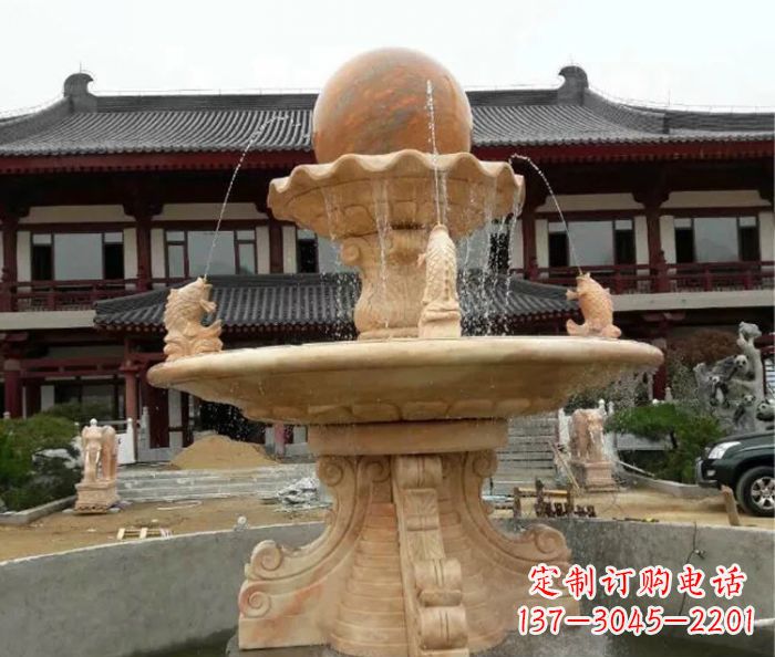湖北双层风水球喷泉晚霞红石雕