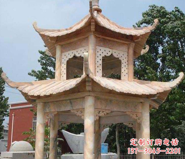 湖北双层晚霞红凉亭石雕