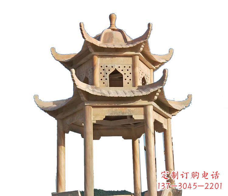 湖北双层晚霞红凉亭石雕 (2)