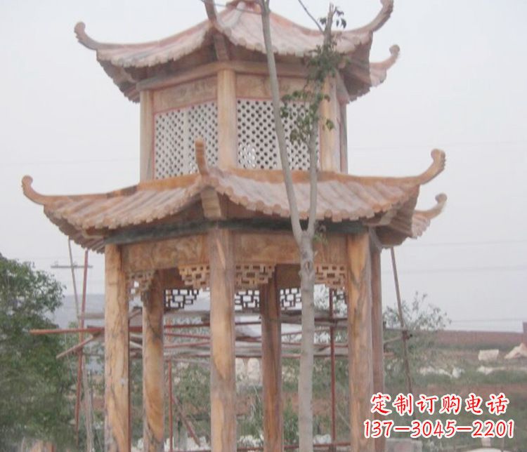 湖北双层晚霞红石凉亭石雕 (2)